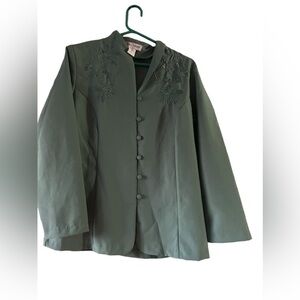 Adrian‎ Delafield Green Floral Embroidered Two Piece Pant Suit Set